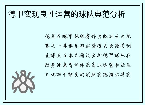德甲实现良性运营的球队典范分析